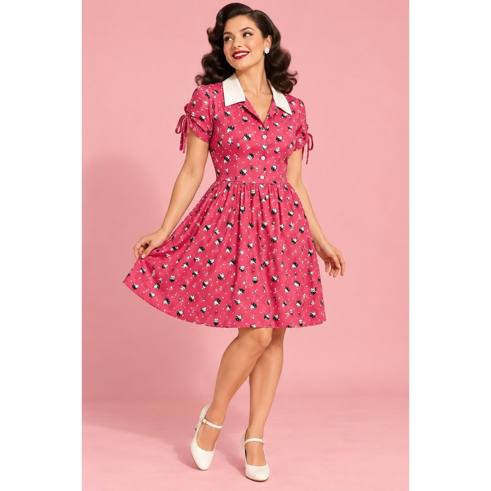 Unique Vintage Pink Cat Teacup Polka Dot Fit Flare Dress Retro Pockets- XL